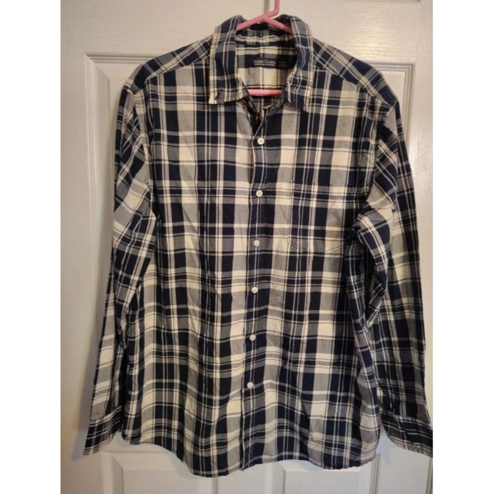 Faded Glory Men's Blue/White Plaid Button-Up Shirt Button-Down Collar L 42-44